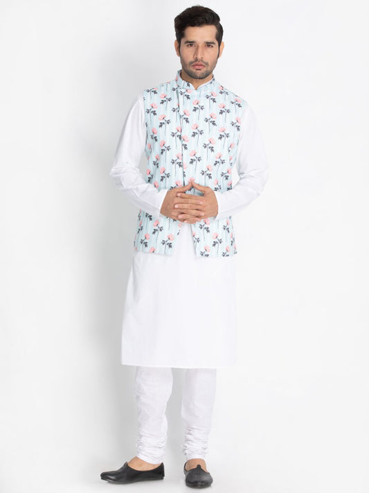 Men's White Cotton Blend Kurta, Ethnic Jacket and Pyjama Set