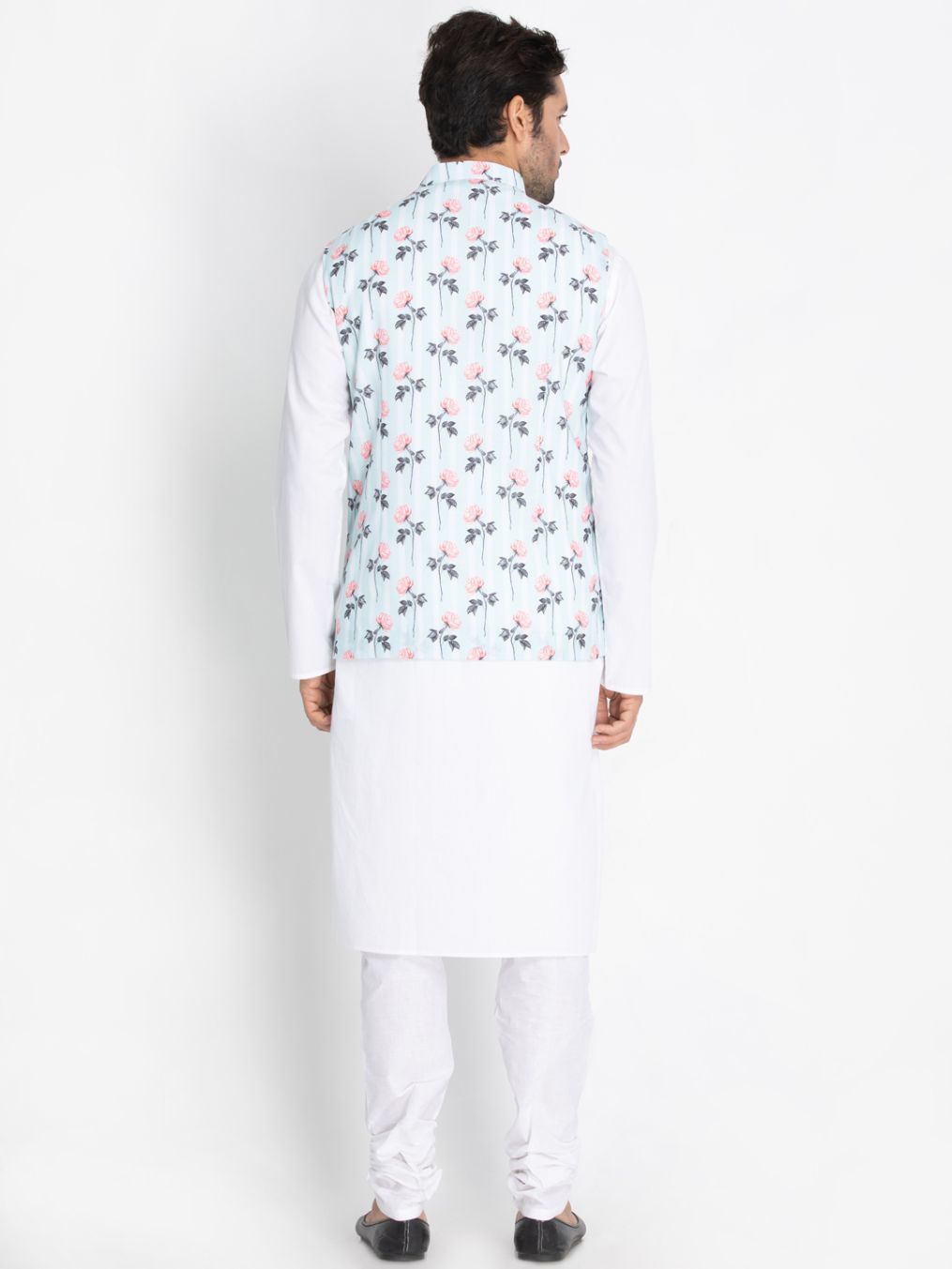 Men's White Cotton Blend Kurta, Ethnic Jacket and Pyjama Set