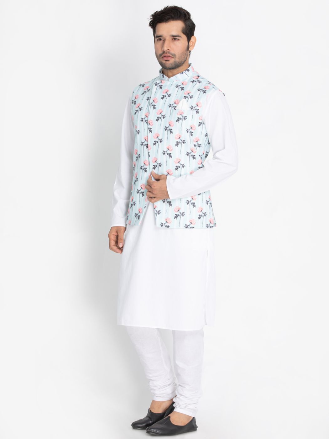Men's White Cotton Blend Kurta, Ethnic Jacket and Pyjama Set