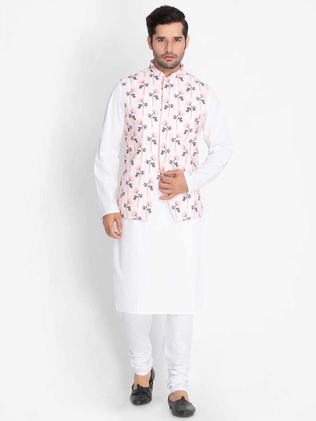 Men's White Cotton Blend Kurta, Ethnic Jacket and Pyjama Set
