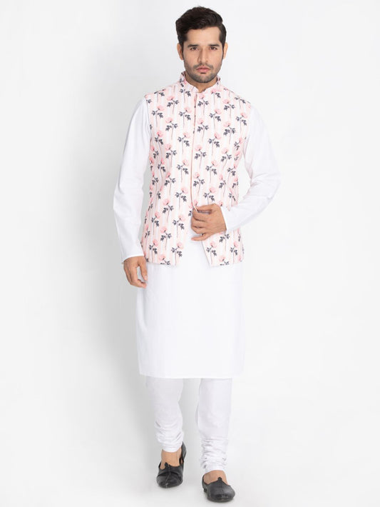 Men's White Cotton Blend Kurta, Ethnic Jacket and Pyjama Set