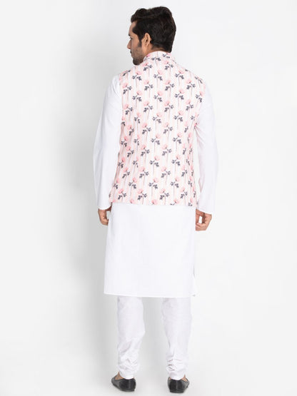 Men's White Cotton Blend Kurta, Ethnic Jacket and Pyjama Set