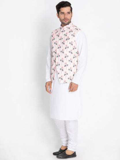 Men's White Cotton Blend Kurta, Ethnic Jacket and Pyjama Set
