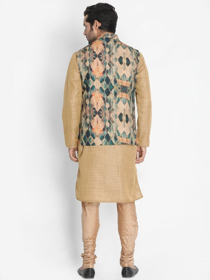 Men's Beige Cotton Blend Kurta, Ethnic Jacket and Pyjama Set