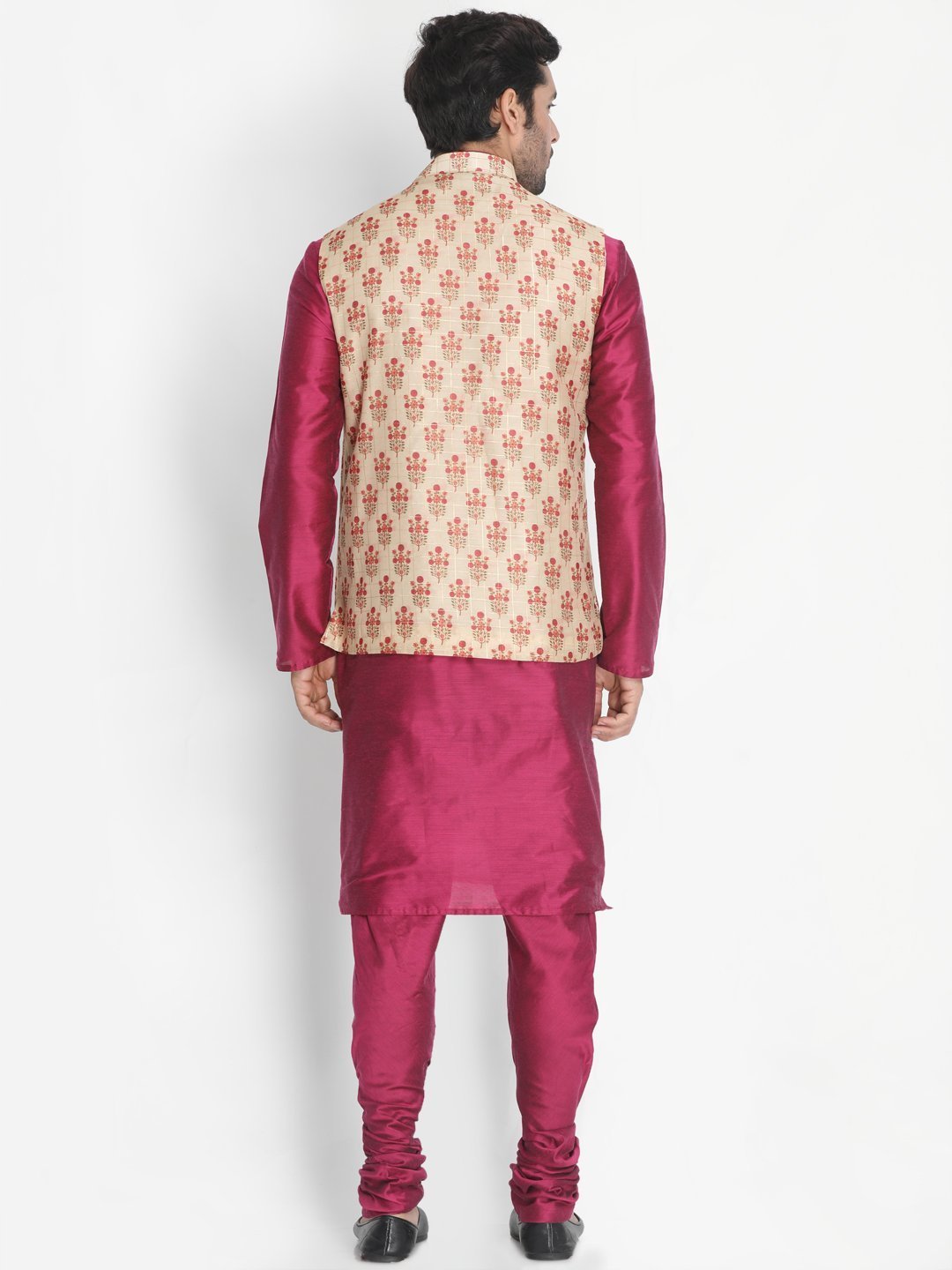 Men's Purple Cotton Blend Kurta, Ethnic Jacket and Pyjama Set