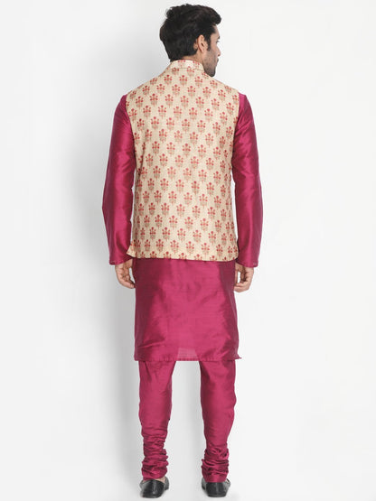Men's Purple Cotton Blend Kurta, Ethnic Jacket and Pyjama Set