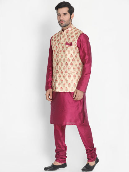 Men's Purple Cotton Blend Kurta, Ethnic Jacket and Pyjama Set