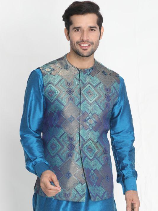 Men's Green Silk Blend Ethnic Jacket