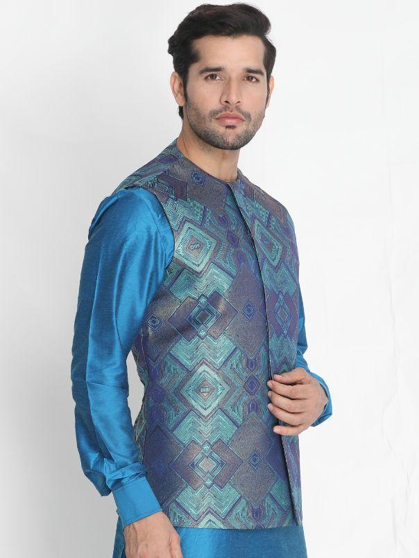 Men's Green Silk Blend Ethnic Jacket