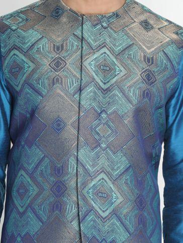 Men's Dark Blue Cotton Blend Kurta, Ethnic Jacket and Pyjama Set
