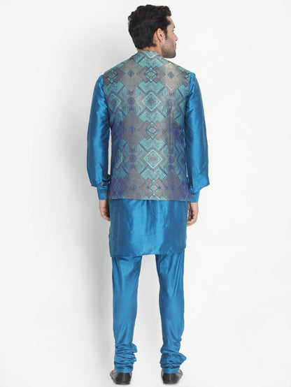 Men's Dark Blue Cotton Blend Kurta, Ethnic Jacket and Pyjama Set