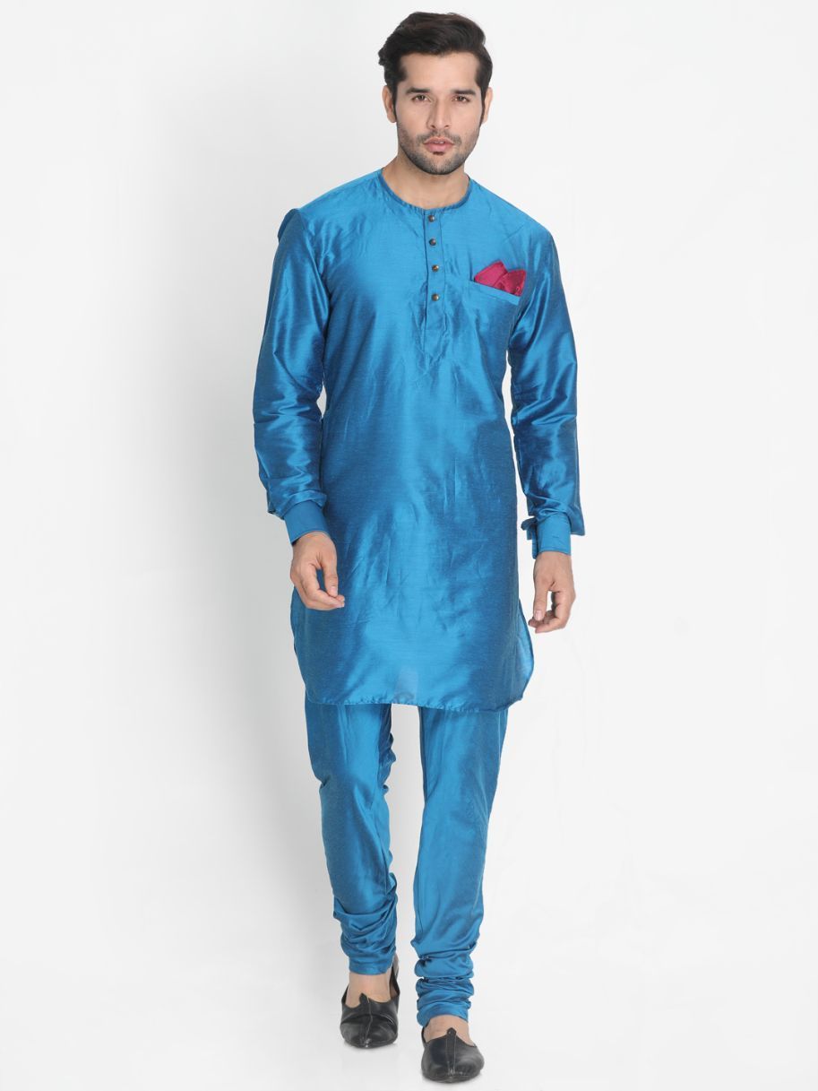 Men's Dark Blue Cotton Blend Kurta, Ethnic Jacket and Pyjama Set