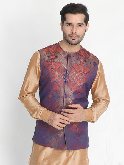 Men's Orange Silk Blend Ethnic Jacket