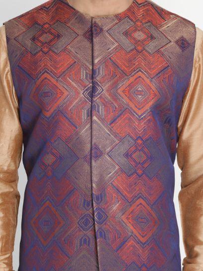 Men's Gold Cotton Blend Kurta, Ethnic Jacket and Pyjama Set