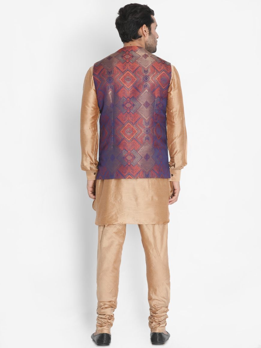 Men's Gold Cotton Blend Kurta, Ethnic Jacket and Pyjama Set
