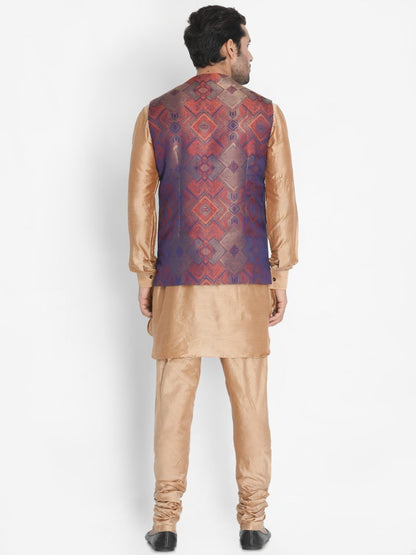 Men's Gold Cotton Blend Kurta, Ethnic Jacket and Pyjama Set