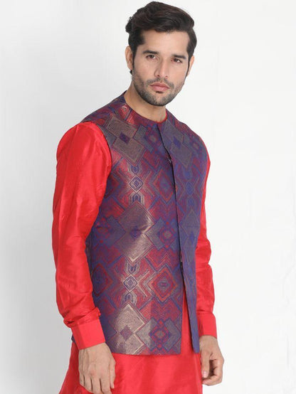Men's Red Silk Blend Ethnic Jacket