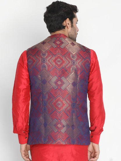 Men's Red Silk Blend Ethnic Jacket