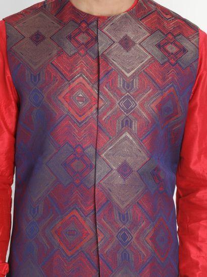 Men's Red Cotton Blend Kurta, Ethnic Jacket and Pyjama Set