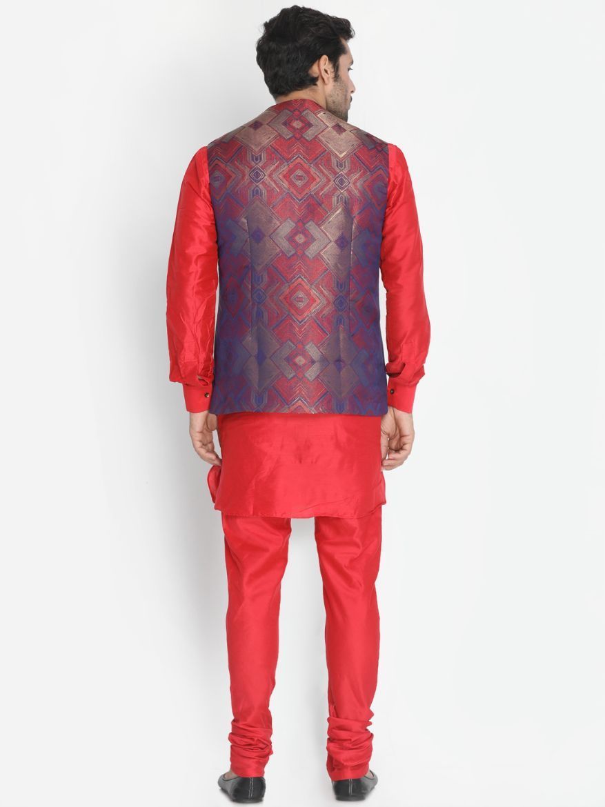 Men's Red Cotton Blend Kurta, Ethnic Jacket and Pyjama Set