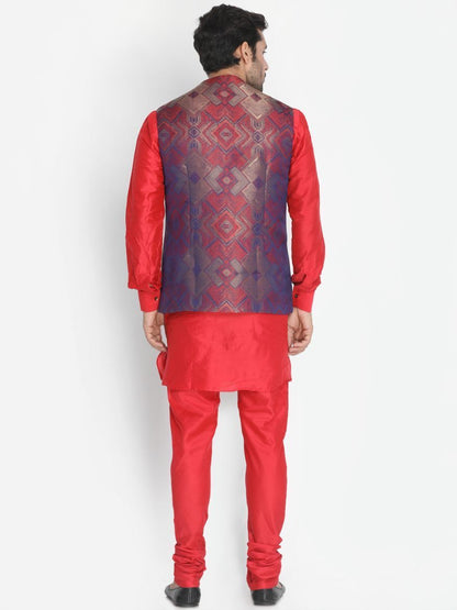 Men's Red Cotton Blend Kurta, Ethnic Jacket and Pyjama Set