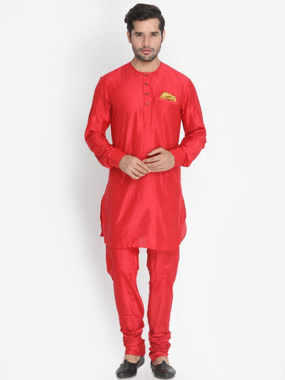 Men's Red Cotton Blend Kurta, Ethnic Jacket and Pyjama Set