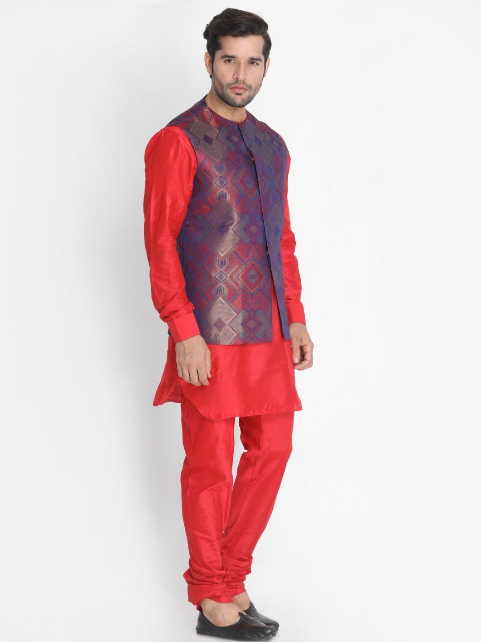 Men's Red Cotton Blend Kurta, Ethnic Jacket and Pyjama Set