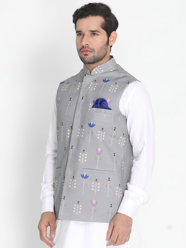 Men's Grey Silk Blend Ethnic Jacket