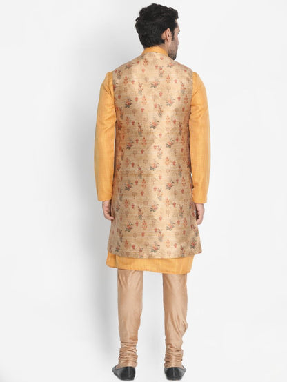 Men's Yellow Cotton Silk Blend Kurta, Ethnic Jacket and Pyjama Set
