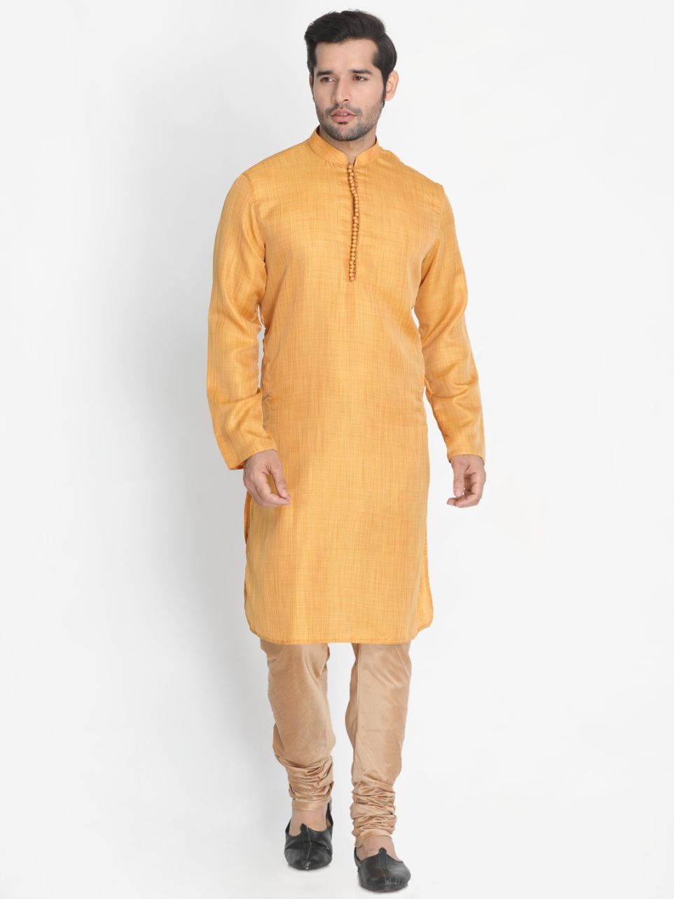 Men's Yellow Cotton Silk Blend Kurta, Ethnic Jacket and Pyjama Set