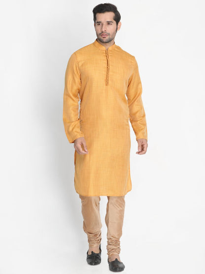 Men's Yellow Cotton Silk Blend Kurta, Ethnic Jacket and Pyjama Set