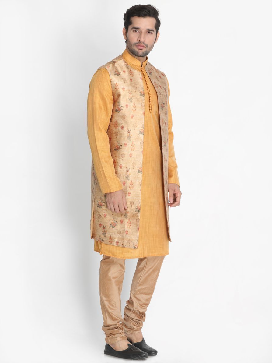Men's Yellow Cotton Silk Blend Kurta, Ethnic Jacket and Pyjama Set