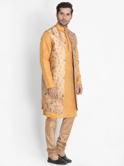 Men's Yellow Cotton Silk Blend Kurta, Ethnic Jacket and Pyjama Set