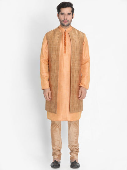 Men's Pink Cotton Silk Blend Kurta, Ethnic Jacket and Pyjama Set