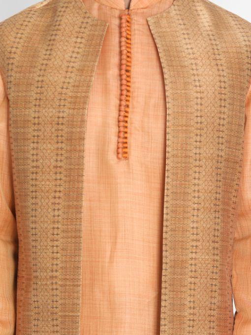Men's Pink Cotton Silk Blend Kurta, Ethnic Jacket and Pyjama Set