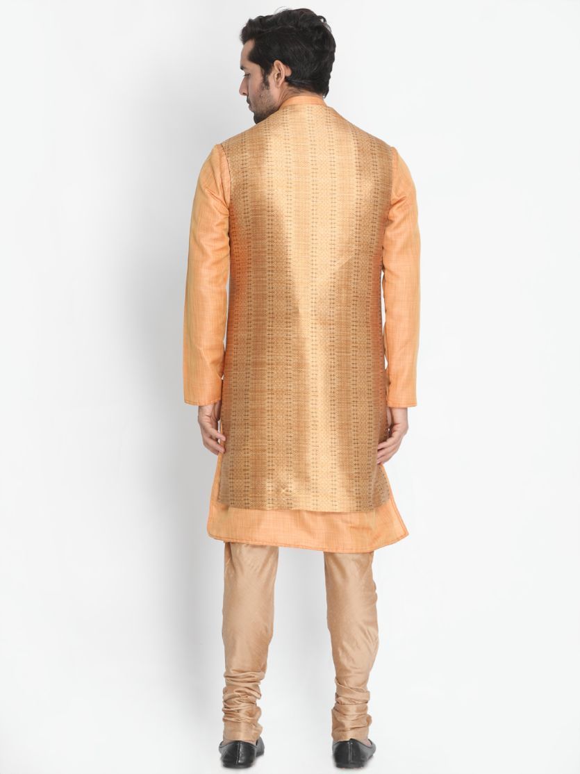 Men's Pink Cotton Silk Blend Kurta, Ethnic Jacket and Pyjama Set