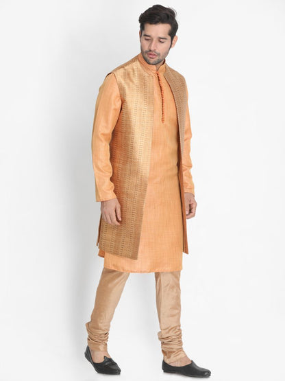Men's Pink Cotton Silk Blend Kurta, Ethnic Jacket and Pyjama Set