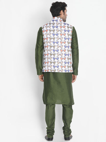 Men's Green Cotton Blend Kurta, Ethnic Jacket and Pyjama Set