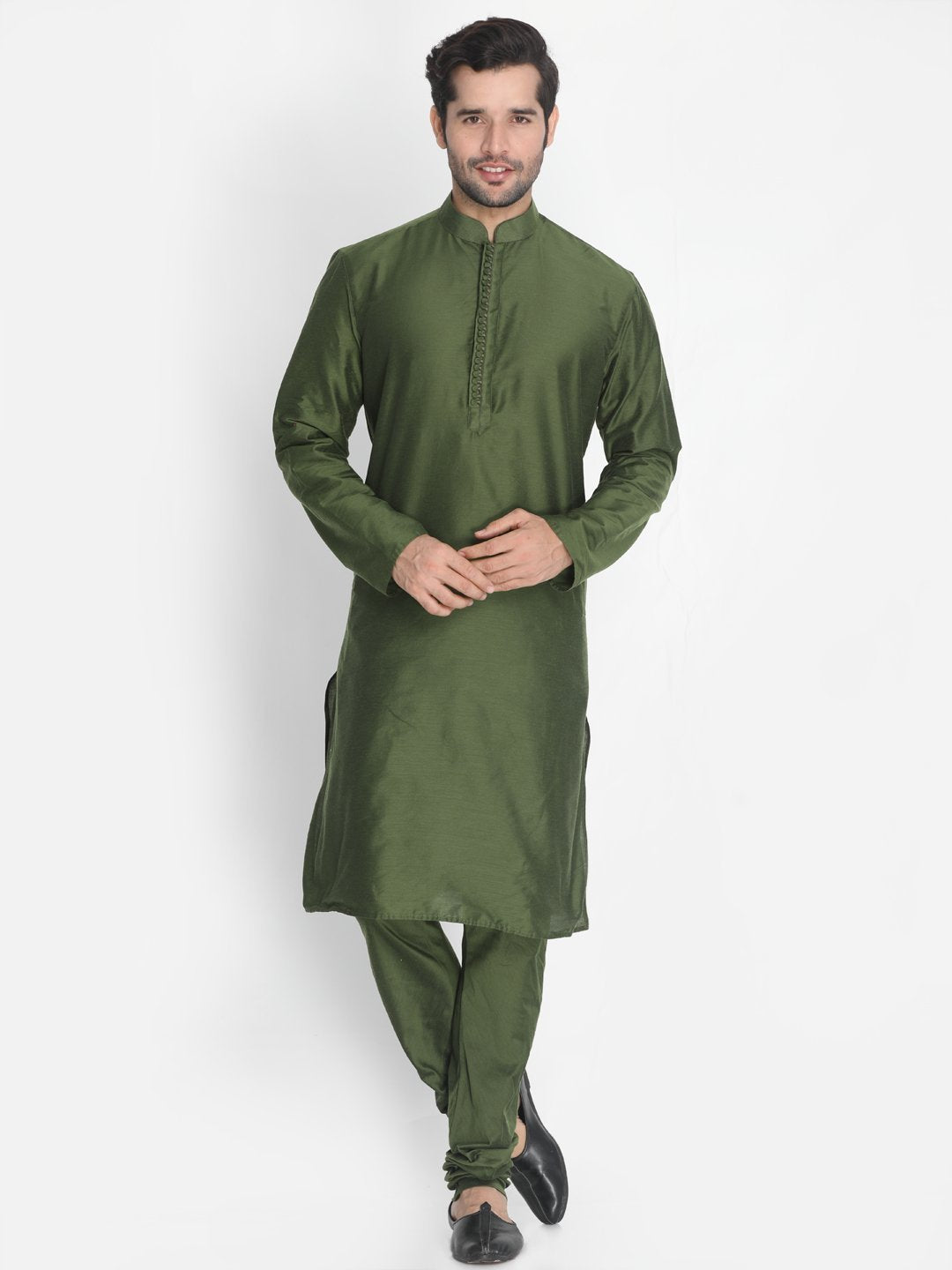 Men's Green Cotton Blend Kurta, Ethnic Jacket and Pyjama Set