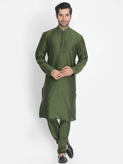 Men's Green Cotton Blend Kurta, Ethnic Jacket and Pyjama Set