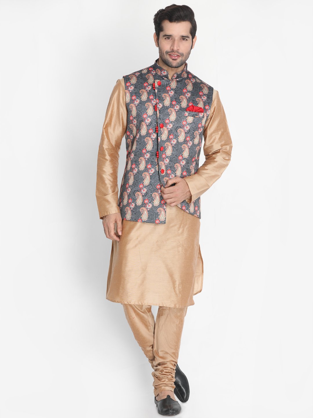 Men's Gold Cotton Blend Kurta, Ethnic Jacket and Pyjama Set