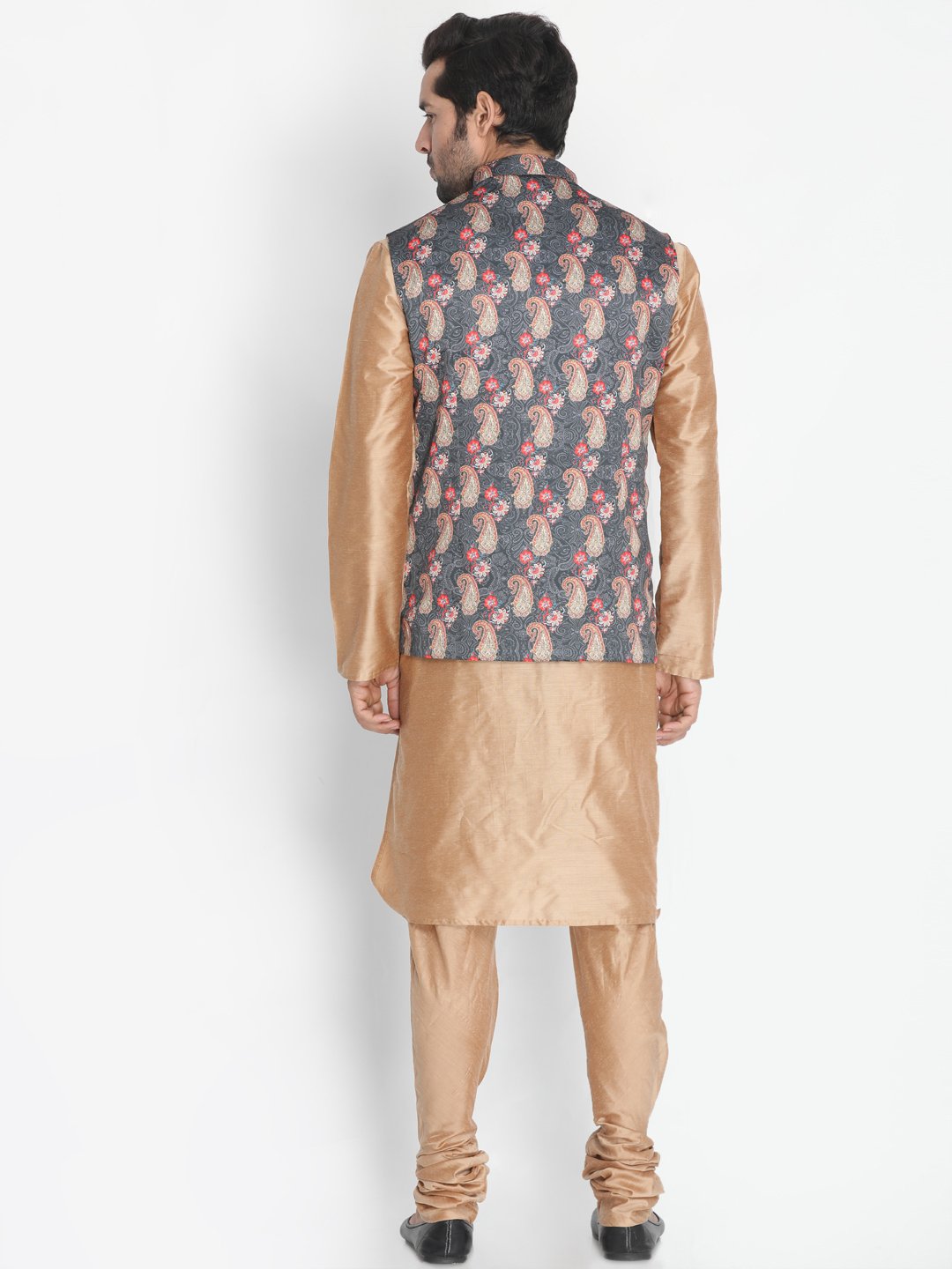 Men's Gold Cotton Blend Kurta, Ethnic Jacket and Pyjama Set
