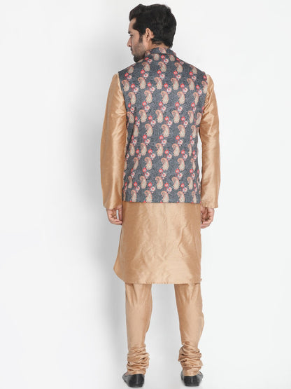 Men's Gold Cotton Blend Kurta, Ethnic Jacket and Pyjama Set