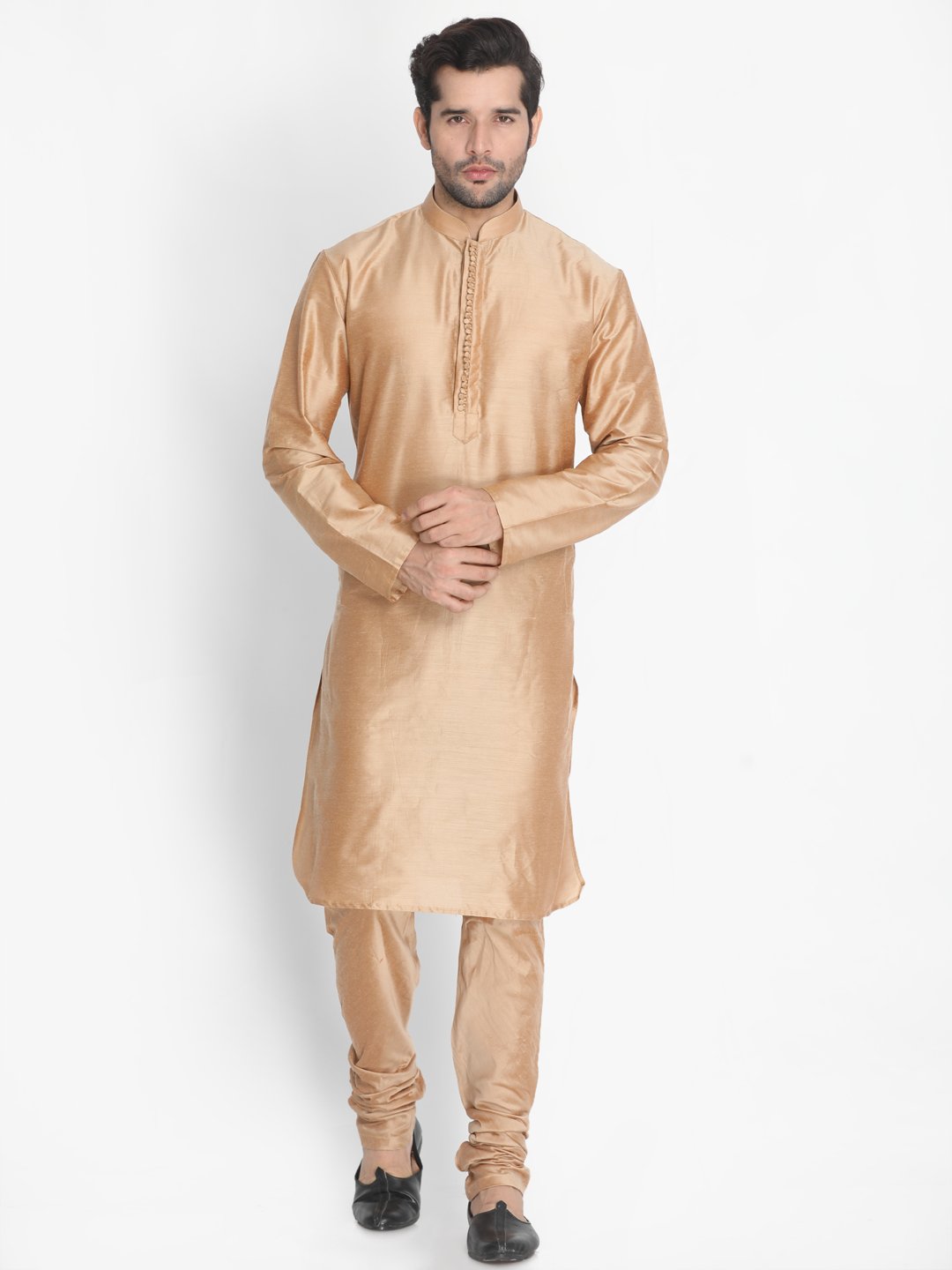 Men's Gold Cotton Blend Kurta, Ethnic Jacket and Pyjama Set