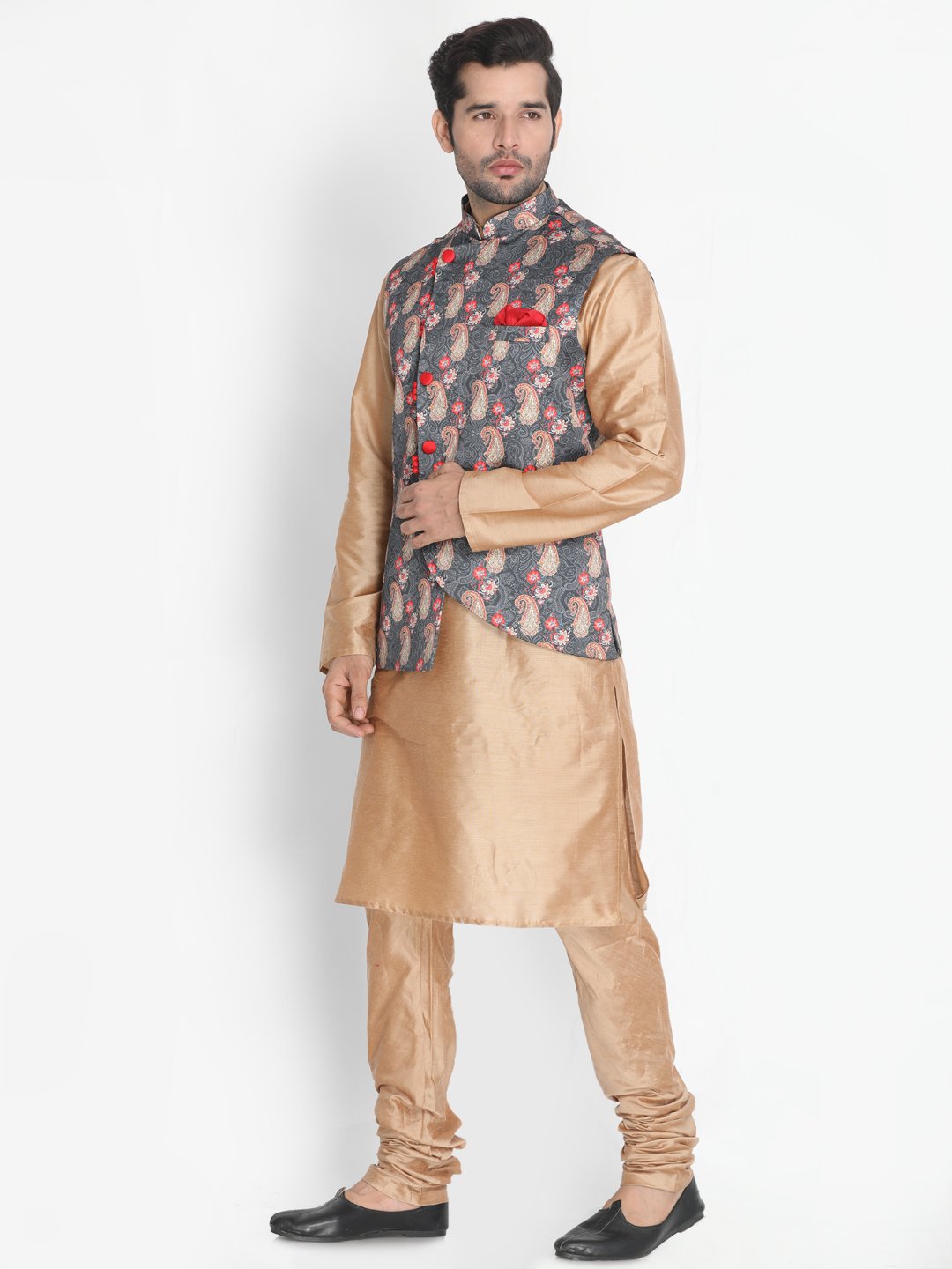 Men's Gold Cotton Blend Kurta, Ethnic Jacket and Pyjama Set