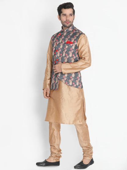 Men's Gold Cotton Blend Kurta, Ethnic Jacket and Pyjama Set