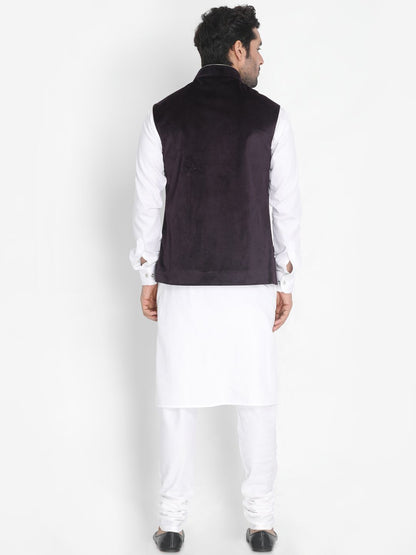 Men's White Cotton Blend Kurta, Ethnic Jacket and Pyjama Set
