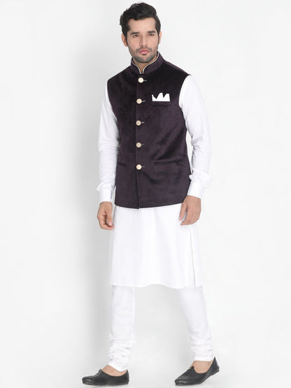 Men's White Cotton Blend Kurta, Ethnic Jacket and Pyjama Set