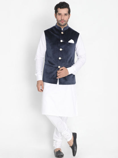 Men's White Cotton Blend Kurta, Ethnic Jacket and Pyjama Set