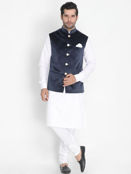 Men's White Cotton Blend Kurta, Ethnic Jacket and Pyjama Set